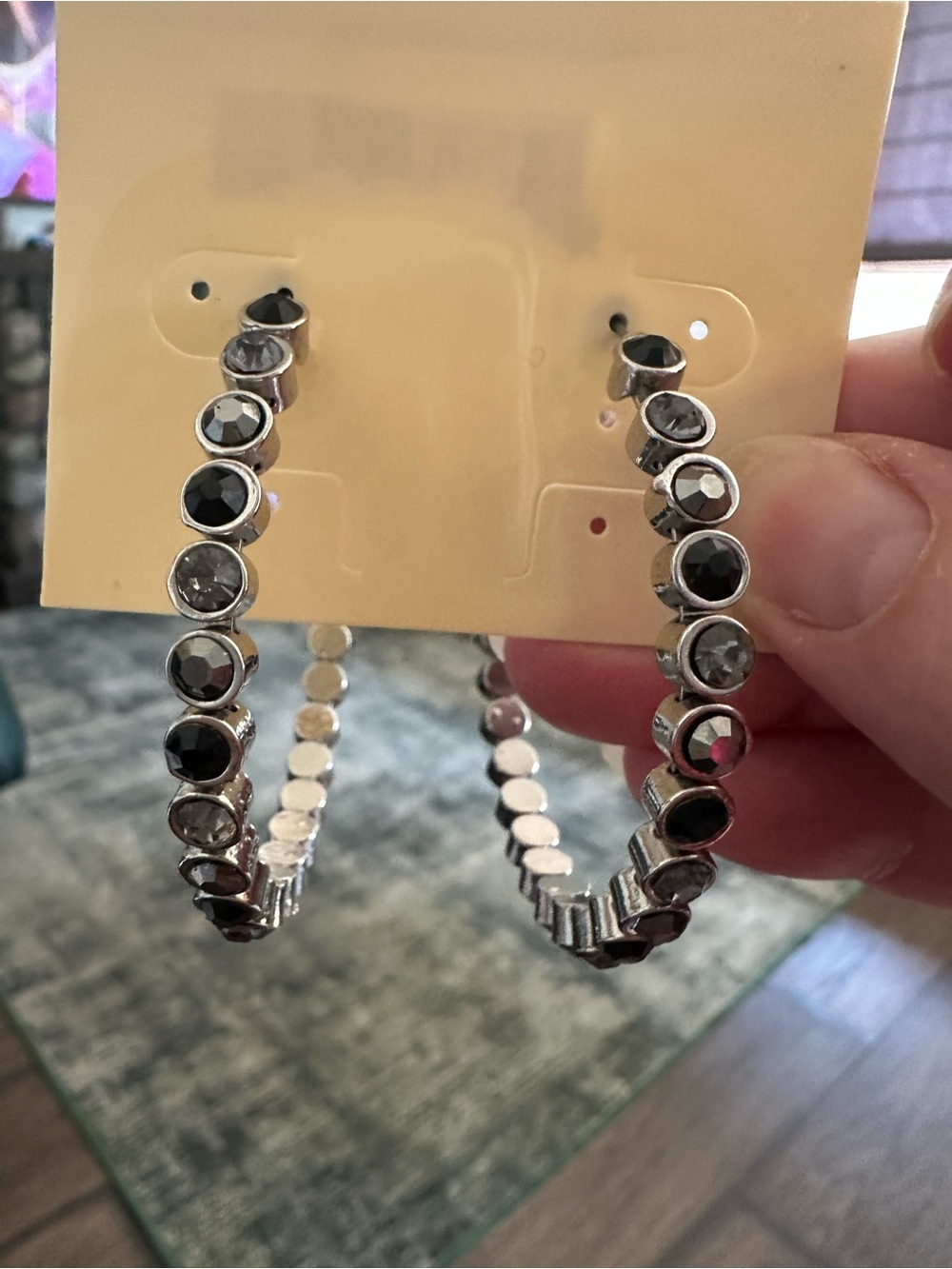 Silver and Black Hoop Earrings - Sparkling Circle Accent